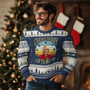 Cherie Berry Lifts Me Up Ugly Christmas Sweater Retro Vinatge Elevator Tribute Funny NC Meme TS02 Navy Beige Print Your Wear