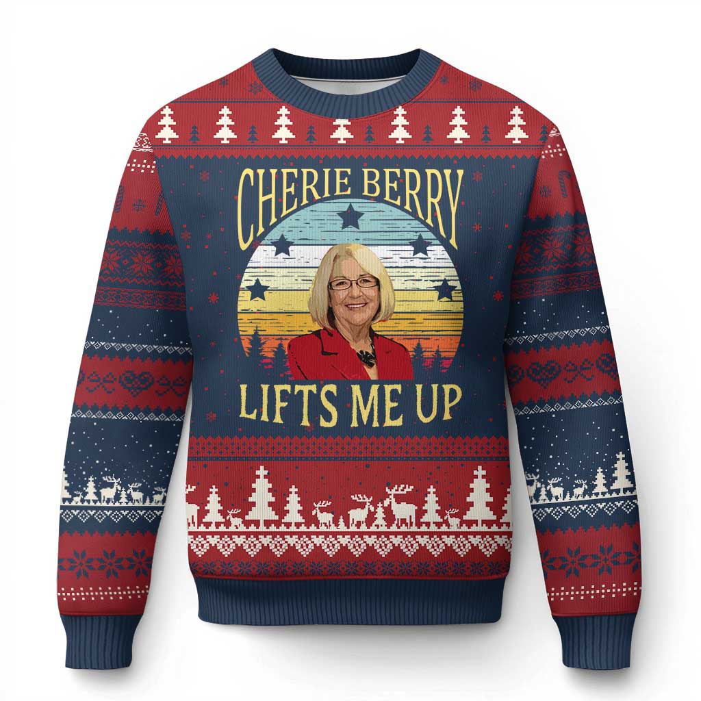 Cherie Berry Lifts Me Up Ugly Christmas Sweater Retro Vinatge Elevator Tribute Funny NC Meme TS02 Navy Red Print Your Wear