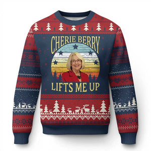 Cherie Berry Lifts Me Up Ugly Christmas Sweater Retro Vinatge Elevator Tribute Funny NC Meme TS02 Navy Red Print Your Wear