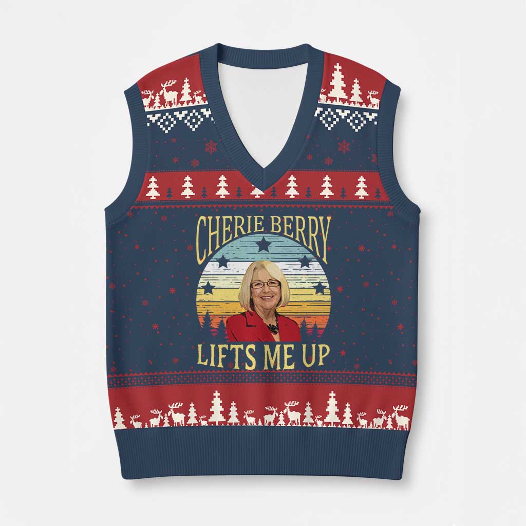 Cherie Berry Lifts Me Up V-Neck Knit Sweater Vest Retro Vintage Elevator Tribute Funny NC Meme TS02 Navy Red Print Your Wear