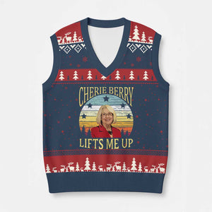 Cherie Berry Lifts Me Up V-Neck Knit Sweater Vest Retro Vintage Elevator Tribute Funny NC Meme TS02 Navy Red Print Your Wear