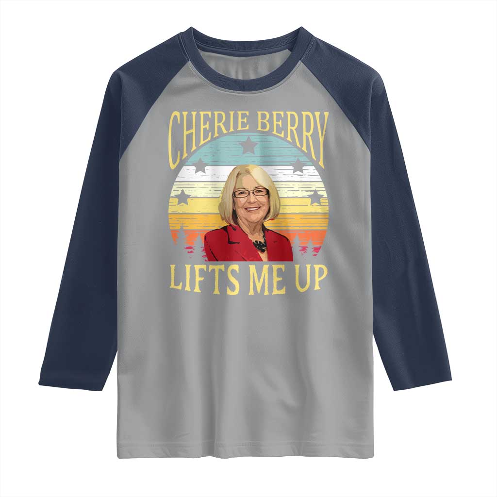 Cherie Berry Lifts Me Up Raglan Shirt Retro Vintage Elevator Tribute Funny NC Meme TS02 Sport Gray Navy Print Your Wear