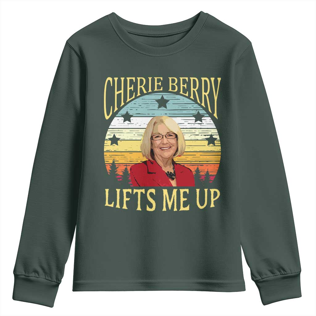 Cherie Berry Lifts Me Up Youth Sweatshirt Retro Vintage Elevator Tribute Funny NC Meme TS02 Dark Forest Green Print Your Wear