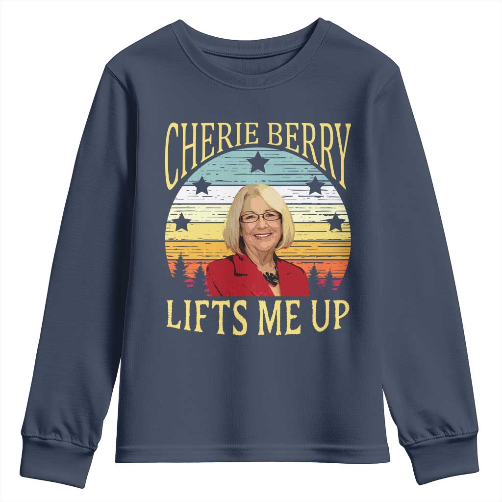 Cherie Berry Lifts Me Up Youth Sweatshirt Retro Vintage Elevator Tribute Funny NC Meme TS02 Navy Print Your Wear