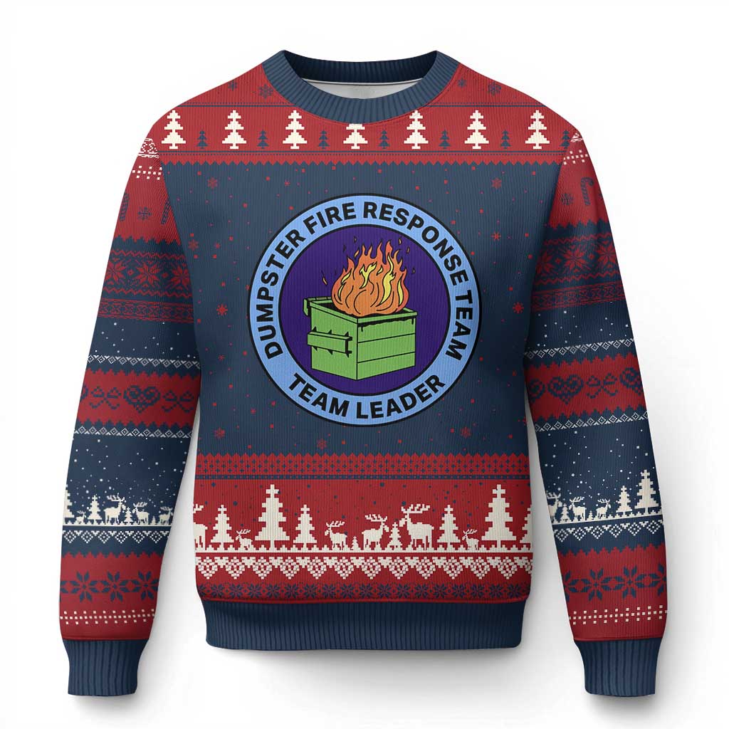 Dumpster Fire Response Team Leader Badge Ugly Christmas Sweater Funny Office Chaos Holiday Gag Gift TS02 Navy Red Print Your Wear