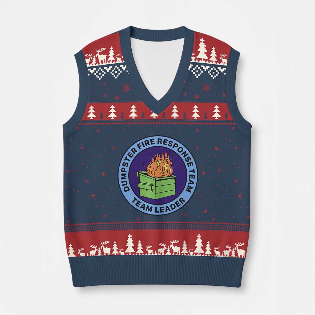 Dumpster Fire Response Team Leader Badge V-Neck Knit Sweater Vest Funny Office Chaos Holiday Gag Gift TS02 Navy Red Print Your Wear