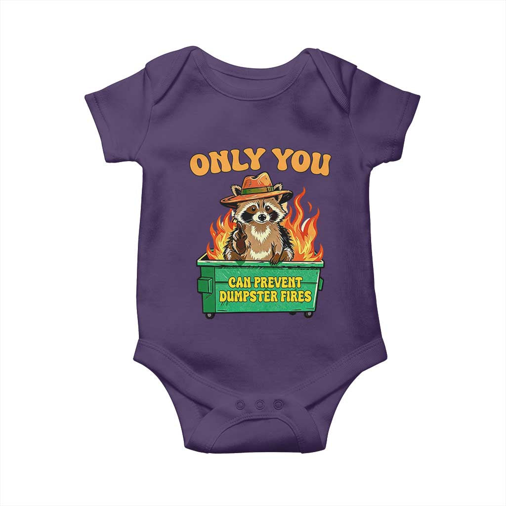 Only You Can Prevent Dumpster Fires Funny Raccoon Baby Onesie Sarcastic Chaos Humor Holiday Gag Gift TS02 Purple Print Your Wear
