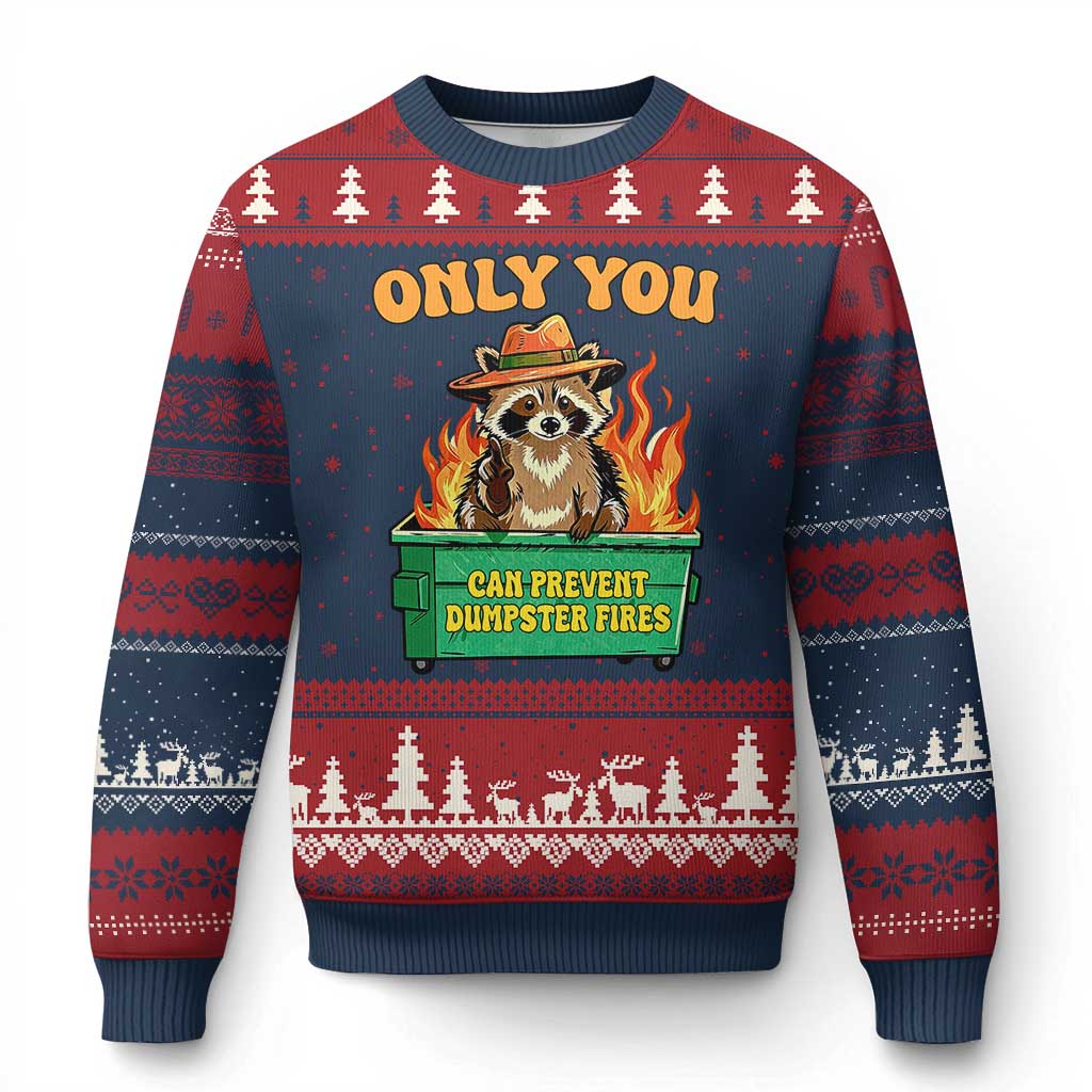 Only You Can Prevent Dumpster Fires Funny Raccoon Ugly Christmas Sweater Sarcastic Chaos Humor Holiday Gag Gift TS02 Navy Red Print Your Wear