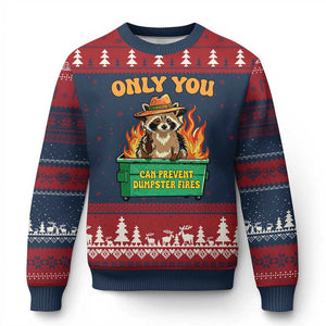 Only You Can Prevent Dumpster Fires Funny Raccoon Ugly Christmas Sweater Sarcastic Chaos Humor Holiday Gag Gift TS02 Navy Red Print Your Wear