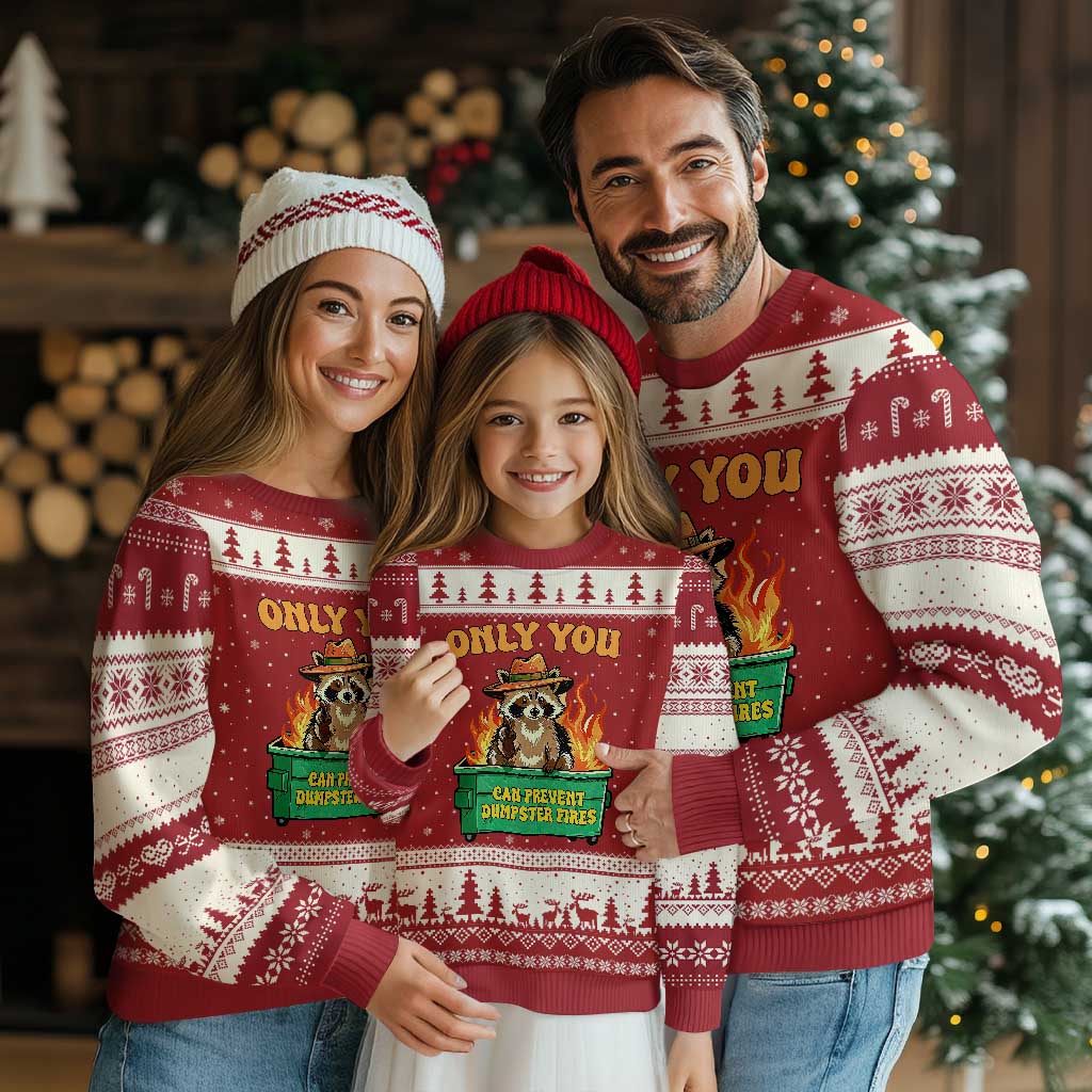 Only You Can Prevent Dumpster Fires Funny Raccoon Ugly Christmas Sweater Sarcastic Chaos Humor Holiday Gag Gift TS02 Red Beige Print Your Wear