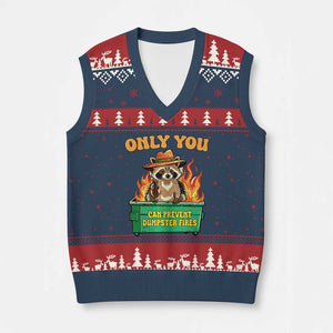 Only You Can Prevent Dumpster Fires Funny Raccoon V-Neck Knit Sweater Vest Sarcastic Chaos Humor Holiday Gag Gift TS02 Navy Red Print Your Wear