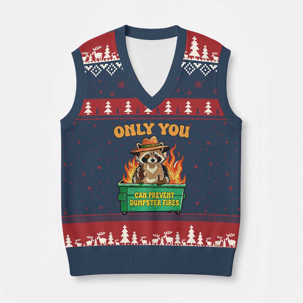 Only You Can Prevent Dumpster Fires Funny Raccoon V-Neck Knit Sweater Vest Sarcastic Chaos Humor Holiday Gag Gift TS02 Navy Red Print Your Wear