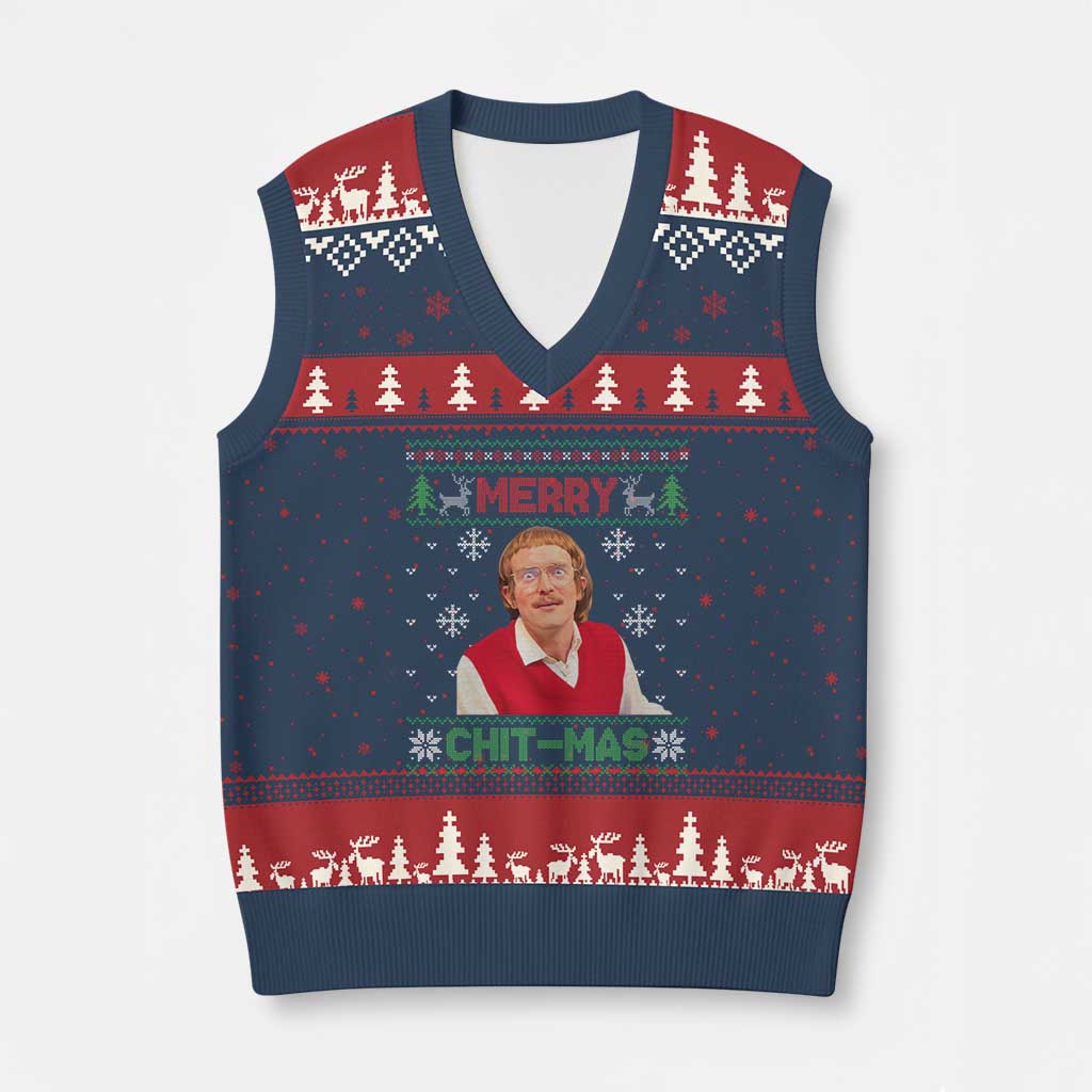 Funny Chit Christmas Merry Chit-Mas V-Neck Knit Sweater Vest Retro Holiday Humor TS02 Navy Red Print Your Wear