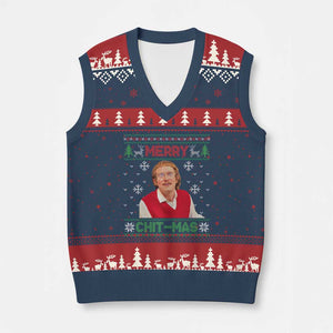 Funny Chit Christmas Merry Chit-Mas V-Neck Knit Sweater Vest Retro Holiday Humor TS02 Navy Red Print Your Wear