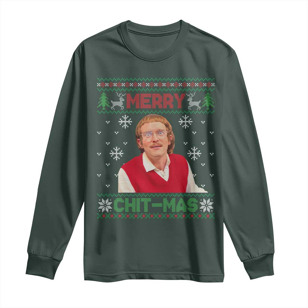 Funny Chit Christmas Merry Chit-Mas Long Sleeve Shirt Retro Holiday Humor TS02 Dark Forest Green Print Your Wear