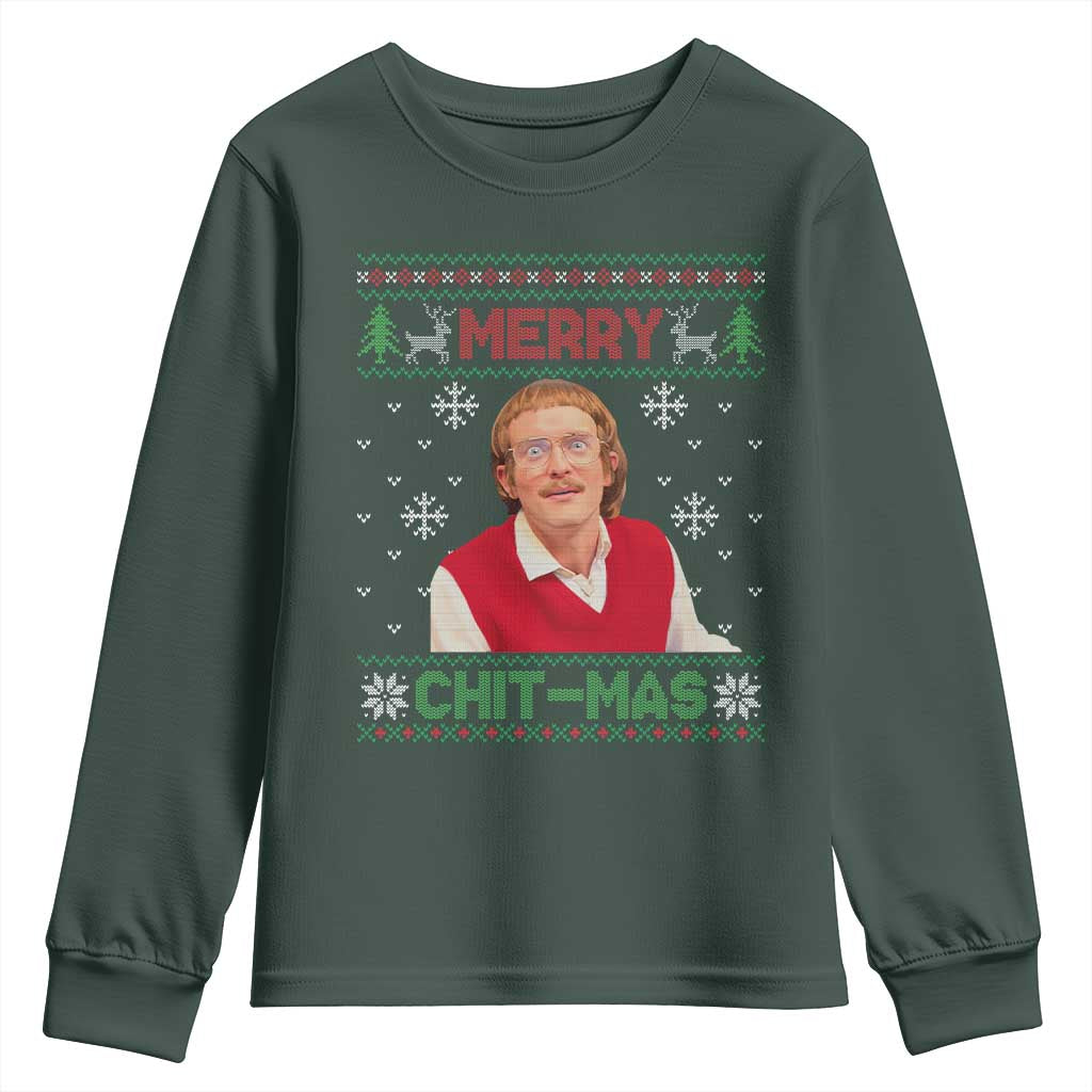 Funny Chit Christmas Merry Chit-Mas Youth Sweatshirt Retro Holiday Humor TS02 Dark Forest Green Print Your Wear