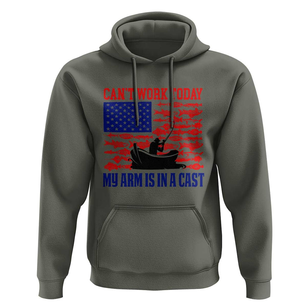 Funny Fishing Hoodie I Can't Work Today My Arm Is In A Cast Fisherman US Flag TS02 Military Green Print Your Wear