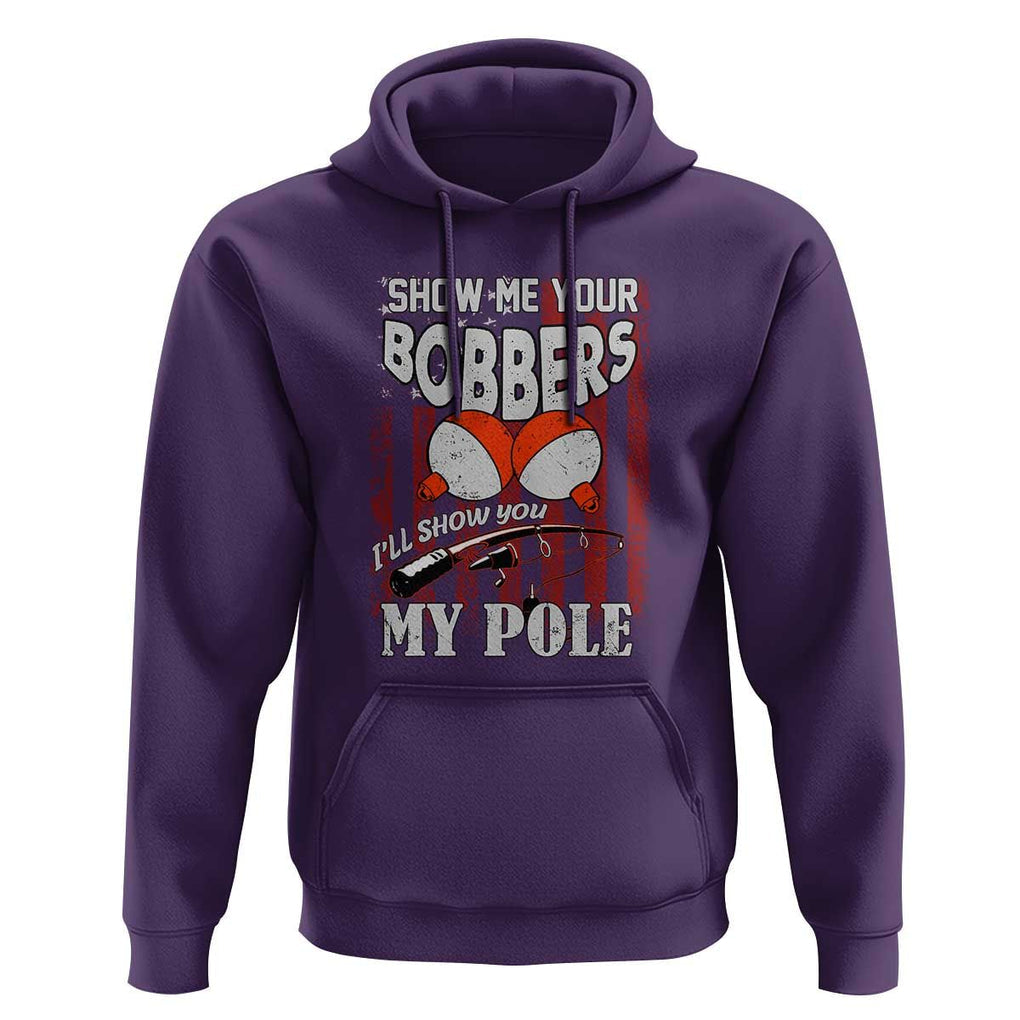Funny Fishing Hoodie Show Me Your Bobbers I'll Show You My Pole Retro US Flag TS02 Purple Print Your Wear