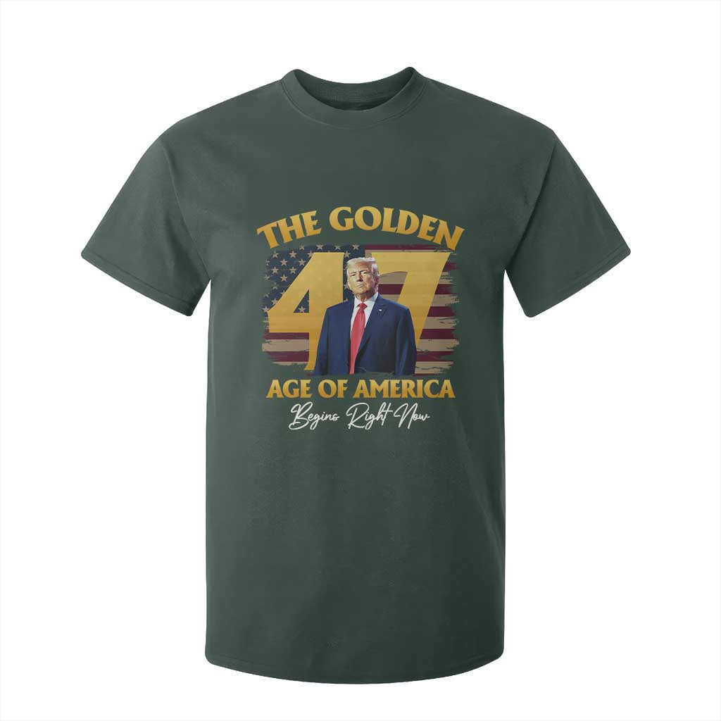 Trump 2025 T Shirt For Kid The Golden Age Of America Begins Right Now USA Flag TS02 Dark Forest Green Print Your Wear