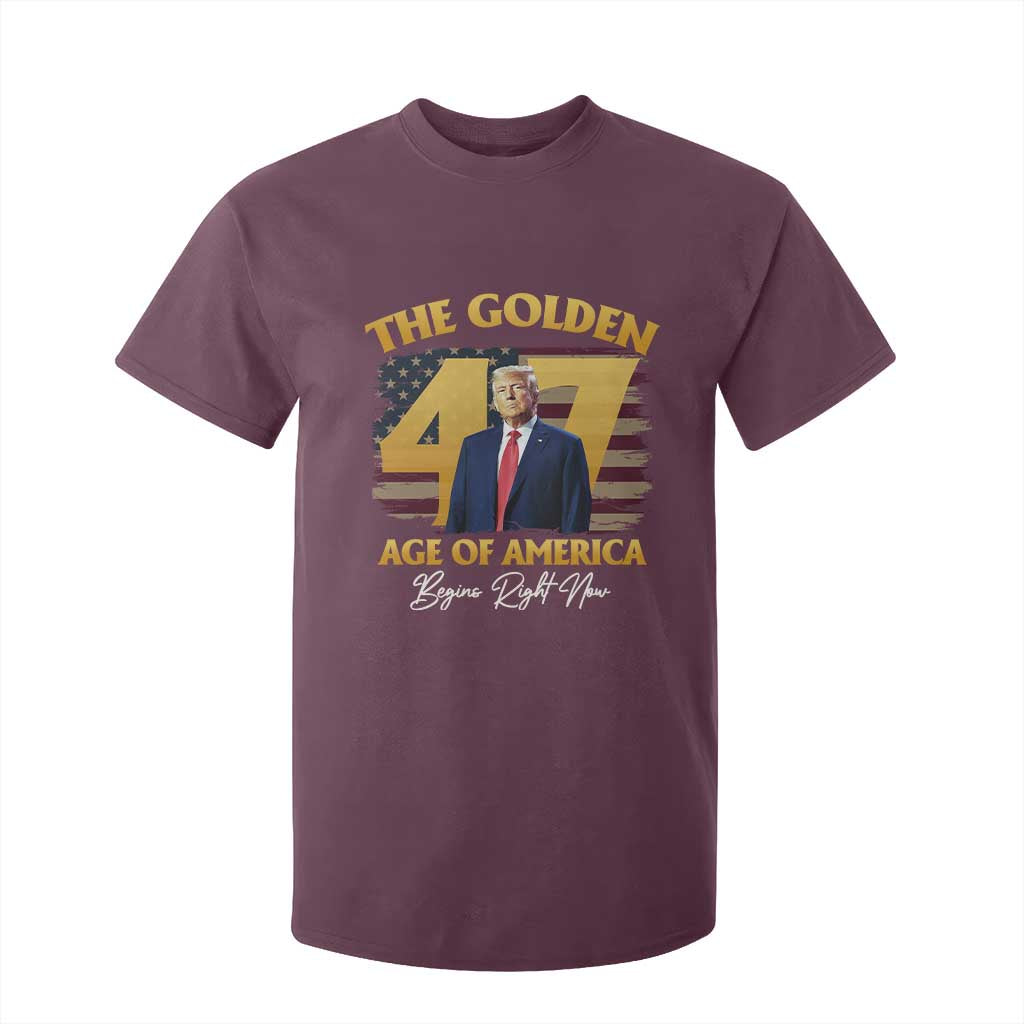 Trump 2025 T Shirt For Kid The Golden Age Of America Begins Right Now USA Flag TS02 Maroon Print Your Wear