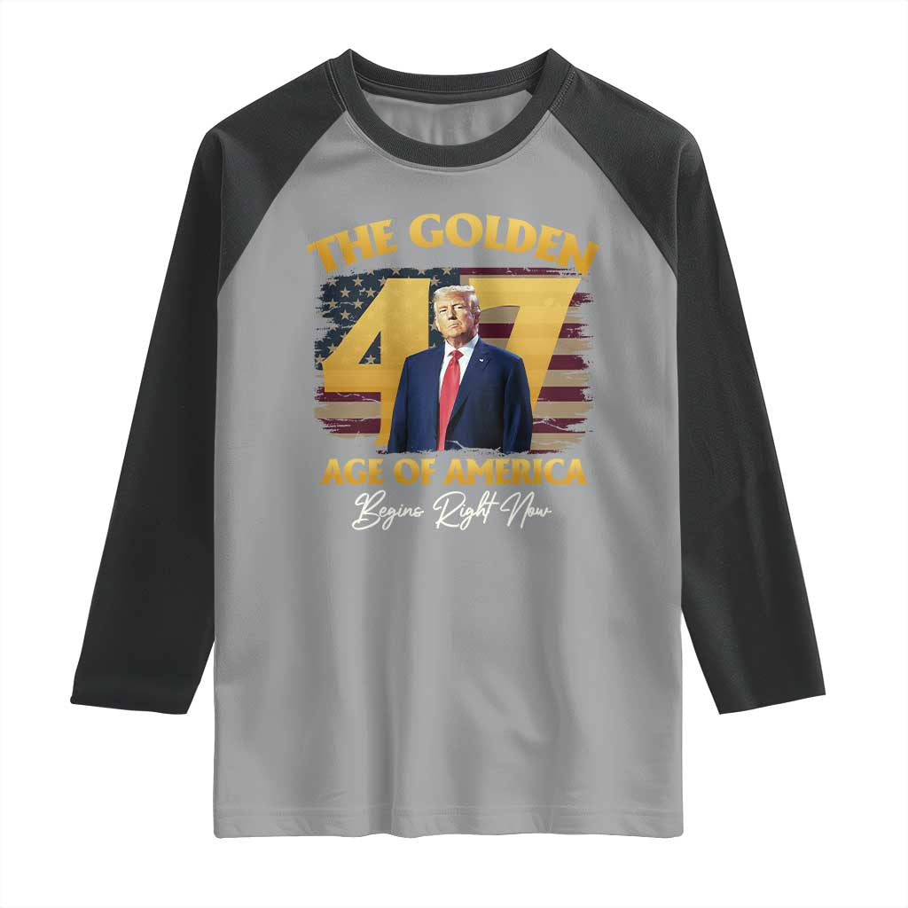 Trump 2025 Raglan Shirt The Golden Age Of America Begins Right Now USA Flag TS02 Sport Gray Black Print Your Wear