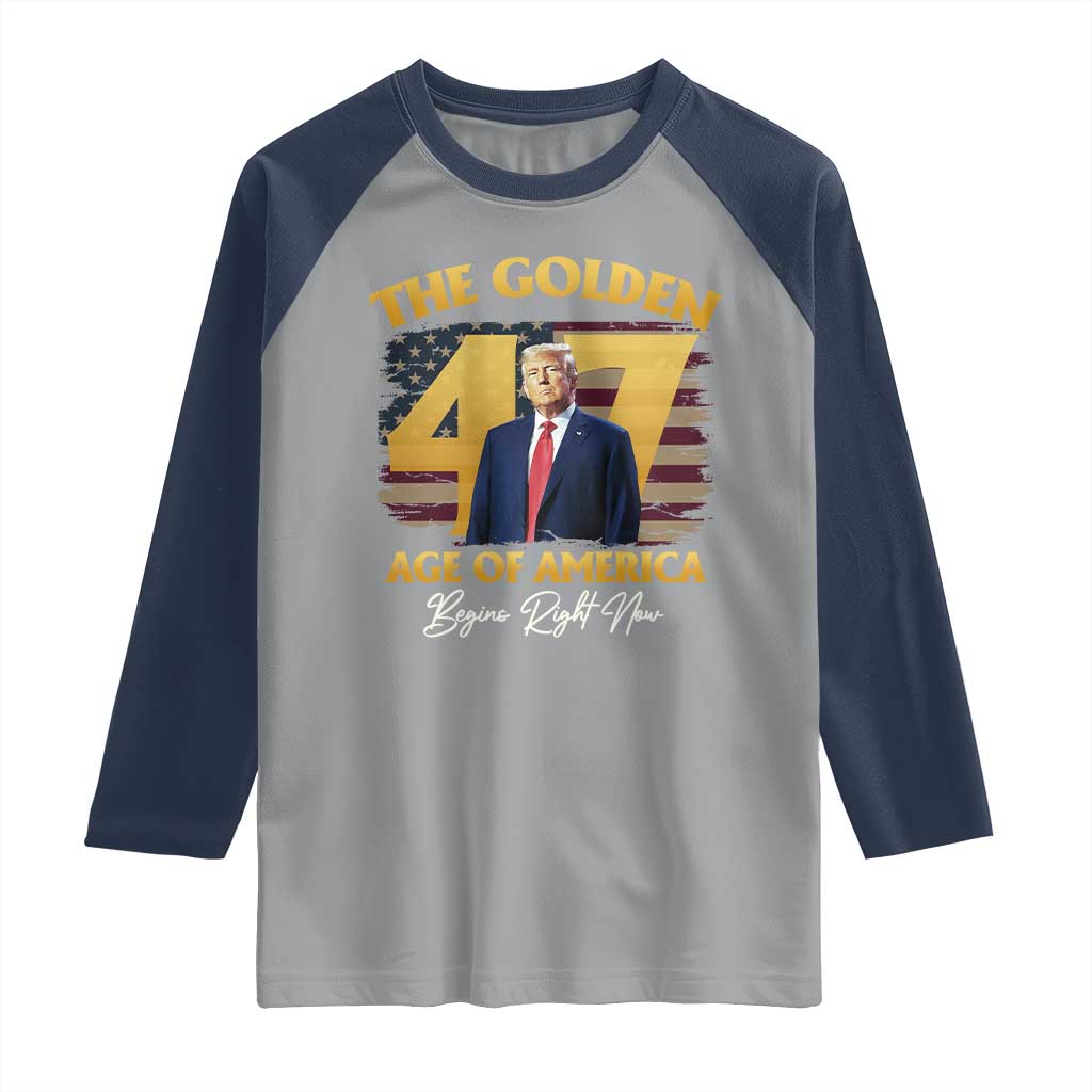 Trump 2025 Raglan Shirt The Golden Age Of America Begins Right Now USA Flag TS02 Sport Gray Navy Print Your Wear