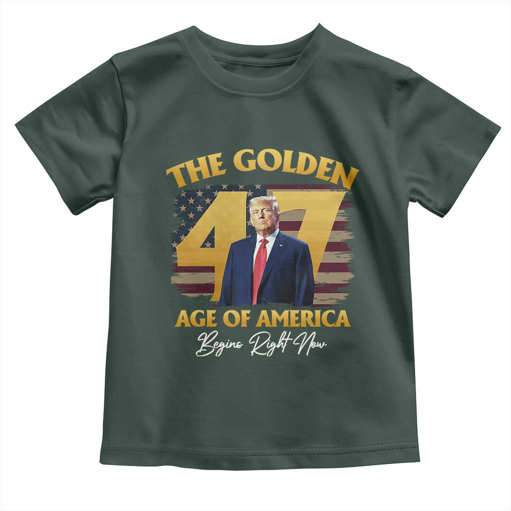 Trump 2025 Toddler T Shirt The Golden Age Of America Begins Right Now USA Flag TS02 Dark Forest Green Print Your Wear