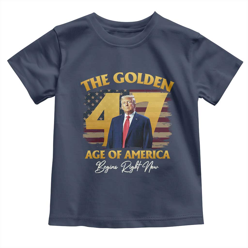 Trump 2025 Toddler T Shirt The Golden Age Of America Begins Right Now USA Flag TS02 Navy Print Your Wear
