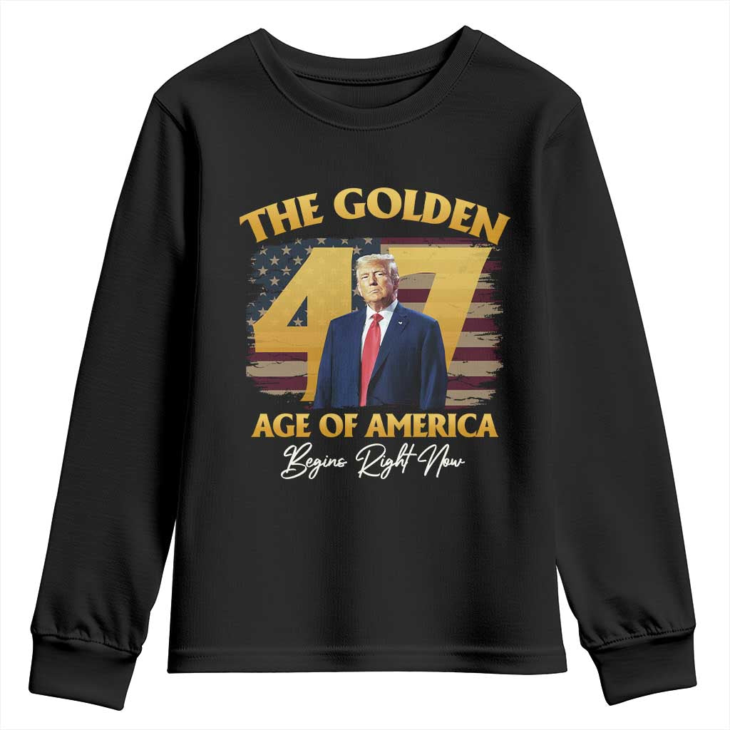 Trump 2025 Youth Sweatshirt The Golden Age Of America Begins Right Now USA Flag TS02 Black Print Your Wear