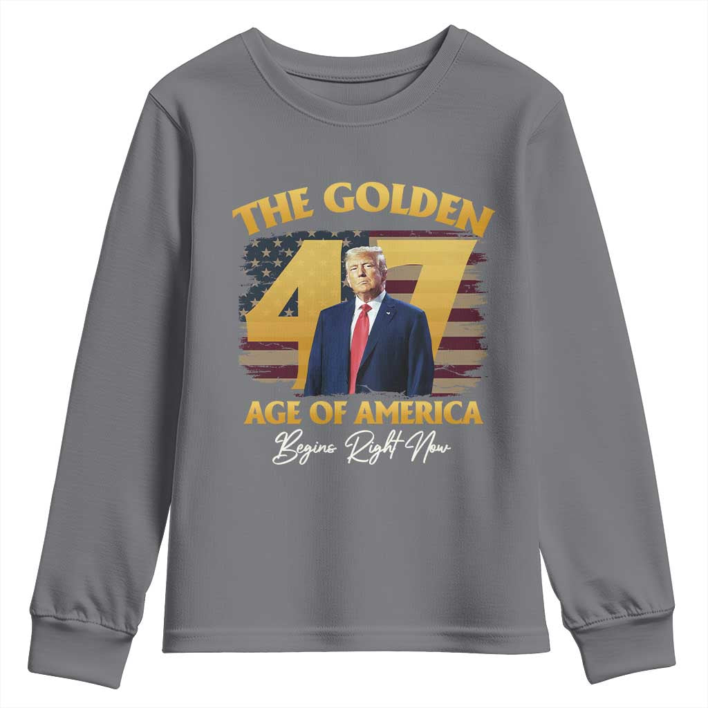 Trump 2025 Youth Sweatshirt The Golden Age Of America Begins Right Now USA Flag TS02 Charcoal Print Your Wear