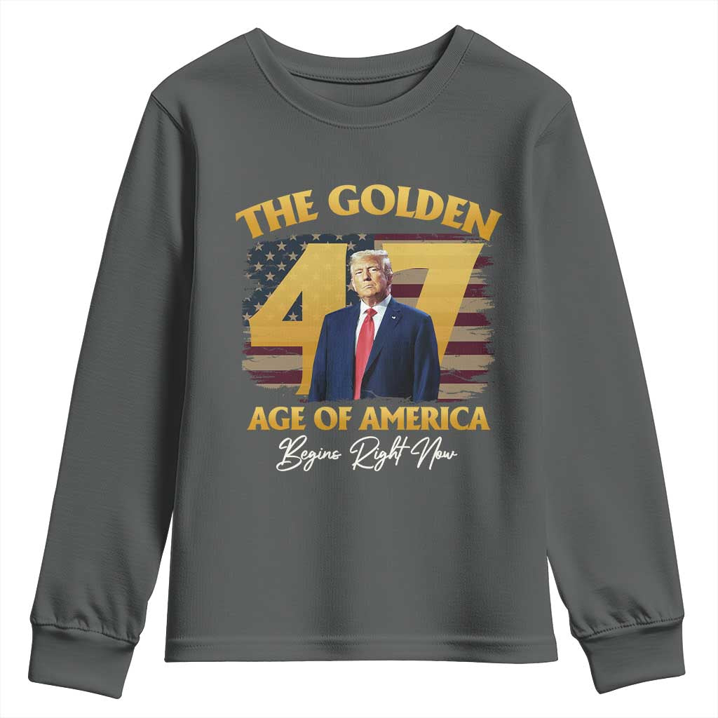 Trump 2025 Youth Sweatshirt The Golden Age Of America Begins Right Now USA Flag TS02 Dark Heather Print Your Wear