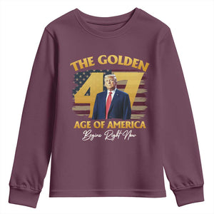 Trump 2025 Youth Sweatshirt The Golden Age Of America Begins Right Now USA Flag TS02 Maroon Print Your Wear