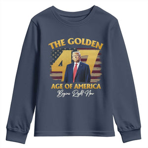 Trump 2025 Youth Sweatshirt The Golden Age Of America Begins Right Now USA Flag TS02 Navy Print Your Wear
