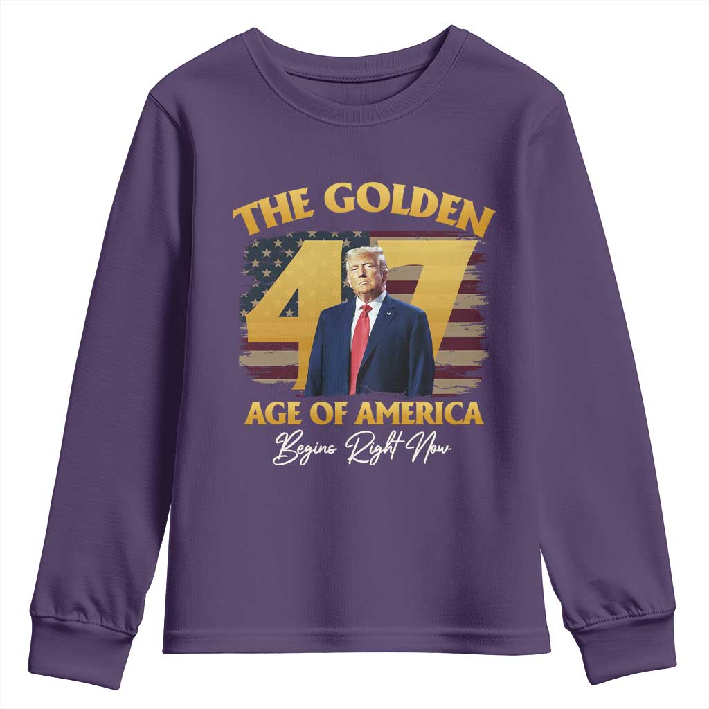 Trump 2025 Youth Sweatshirt The Golden Age Of America Begins Right Now USA Flag TS02 Purple Print Your Wear