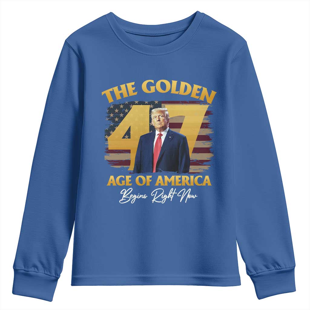 Trump 2025 Youth Sweatshirt The Golden Age Of America Begins Right Now USA Flag TS02 Royal Blue Print Your Wear