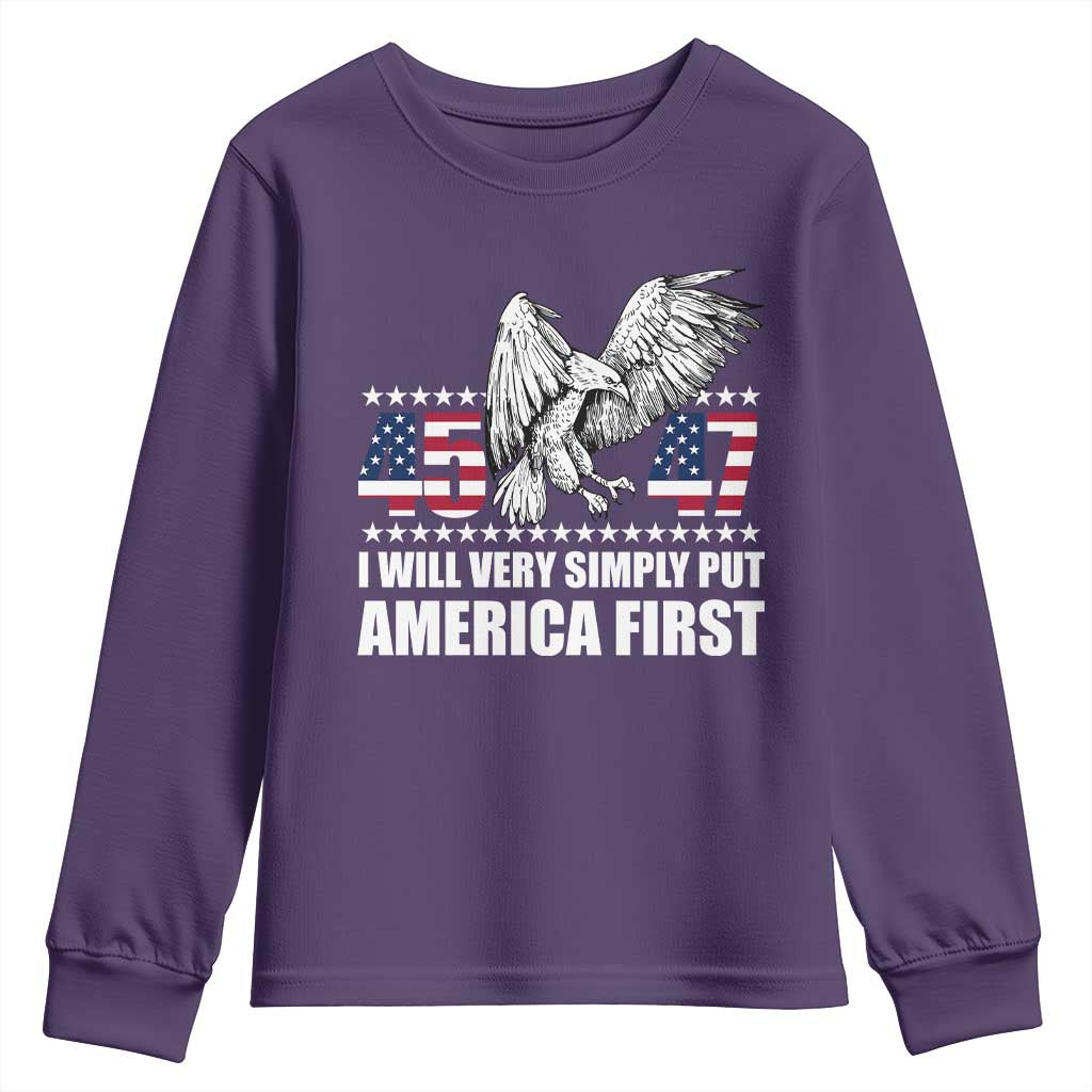 Trump 2025 Youth Sweatshirt I Will Very Simply Put America First 47Th President TS02 Purple Print Your Wear