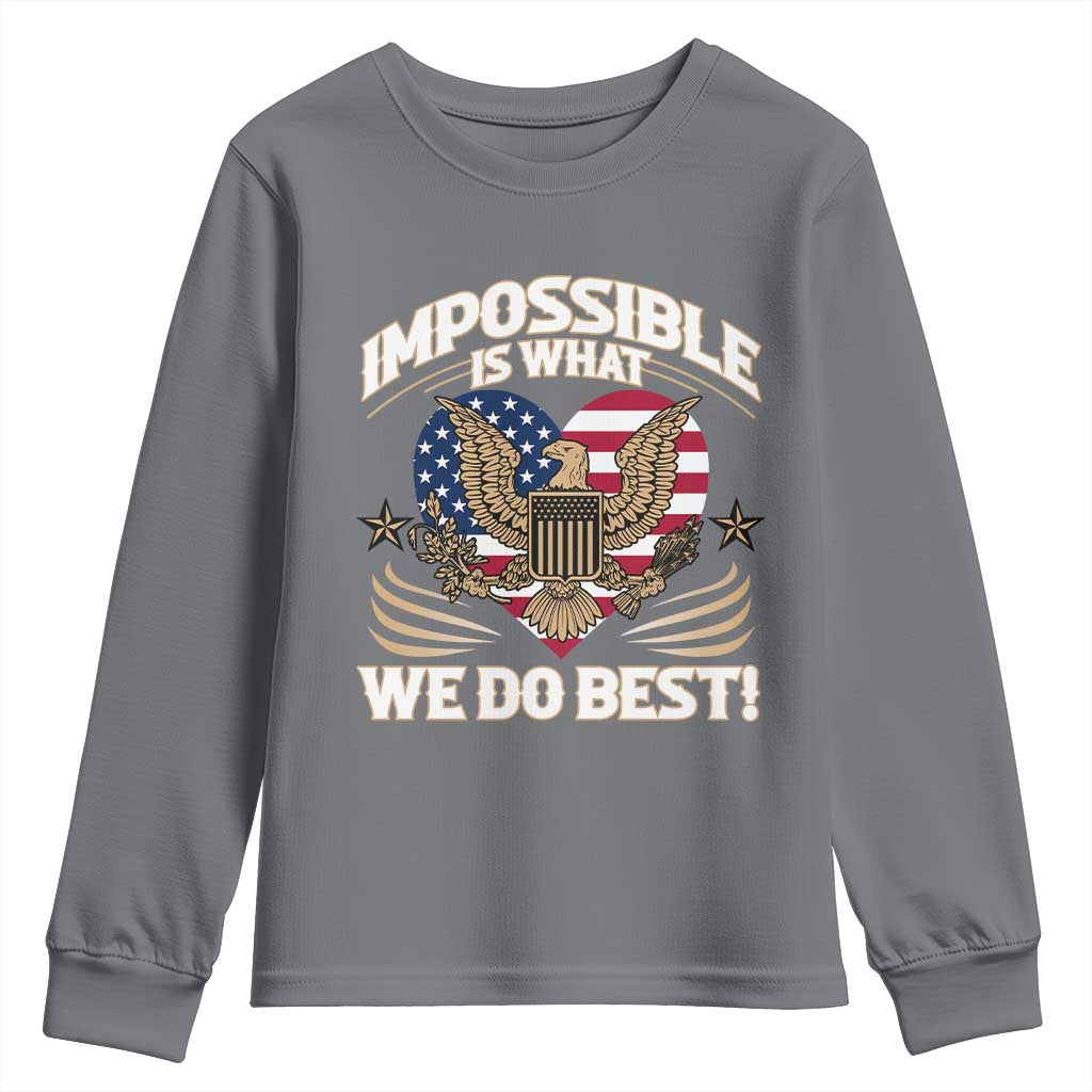 Trump 2025 Youth Sweatshirt Impossible Is What We Do Best Eagle 47th President Inauguration TS02 Charcoal Print Your Wear