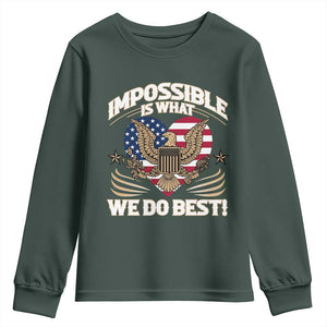 Trump 2025 Youth Sweatshirt Impossible Is What We Do Best Eagle 47th President Inauguration TS02 Dark Forest Green Print Your Wear