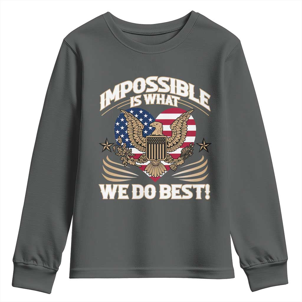 Trump 2025 Youth Sweatshirt Impossible Is What We Do Best Eagle 47th President Inauguration TS02 Dark Heather Print Your Wear