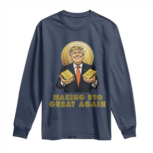Trump Bitcoin Long Sleeve Shirt Make BTC Great Again Meme Coin Crypto TS02 Navy Print Your Wear