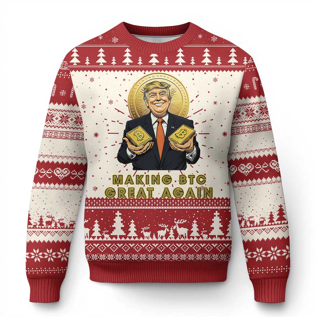 Trump Bitcoin Knit Sweatshirt Make BTC Great Again Meme Coin Crypto TS02 Red Print Your Wear