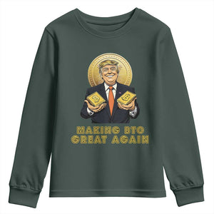 Trump Bitcoin Youth Sweatshirt Make BTC Great Again Meme Coin Crypto TS02 Dark Forest Green Print Your Wear