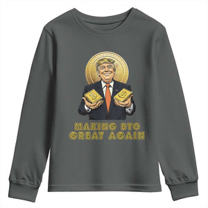 Trump Bitcoin Youth Sweatshirt Make BTC Great Again Meme Coin Crypto TS02 Dark Heather Print Your Wear