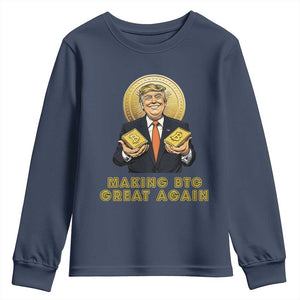 Trump Bitcoin Youth Sweatshirt Make BTC Great Again Meme Coin Crypto TS02 Navy Print Your Wear