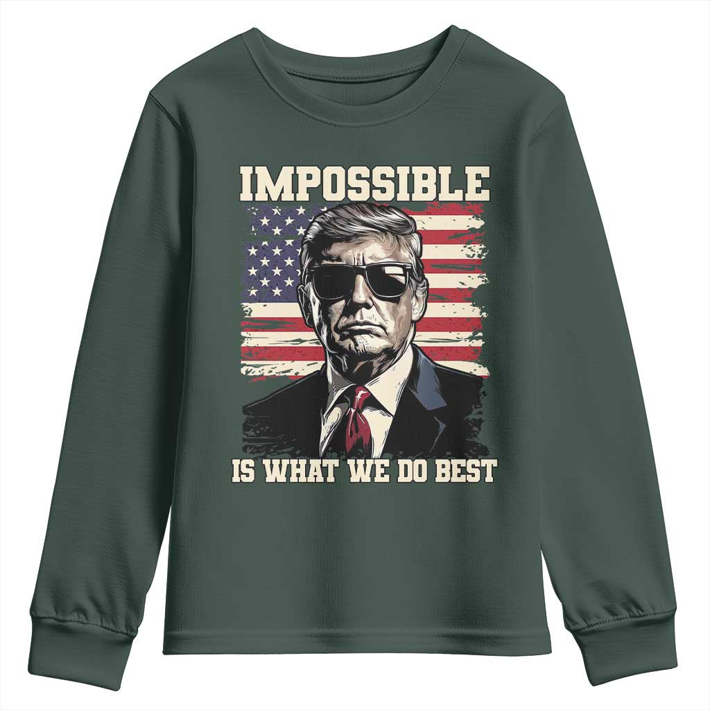 Trump 2025 Youth Sweatshirt Impossible Is What We Do Best Inauguration TS02 Dark Forest Green Print Your Wear