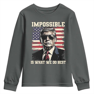 Trump 2025 Youth Sweatshirt Impossible Is What We Do Best Inauguration TS02 Dark Heather Print Your Wear