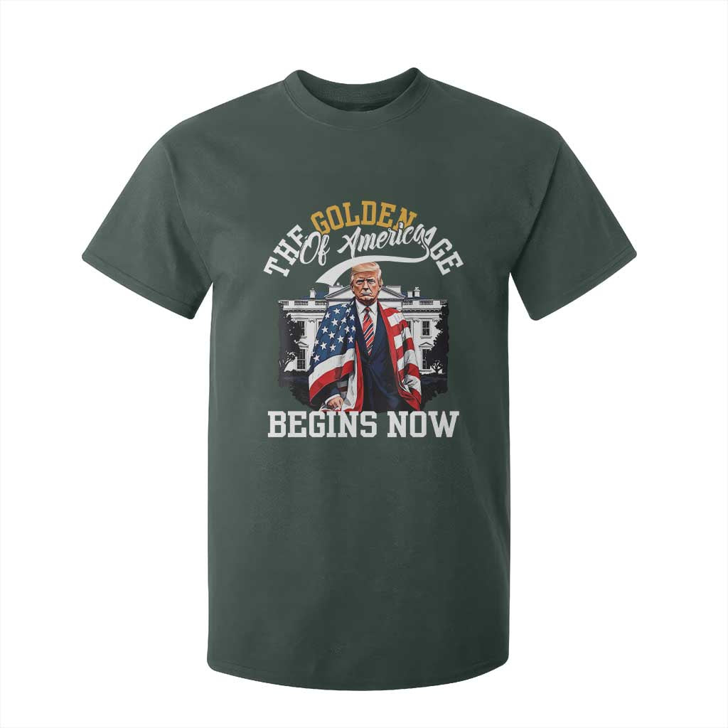 Trump 2025 T Shirt For Kid The Golden Age Of America Begins Right Now 47th President TS02 Dark Forest Green Print Your Wear