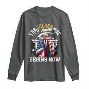 Trump 2025 Long Sleeve Shirt The Golden Age Of America Begins Right Now 47th President TS02 Dark Heather Print Your Wear