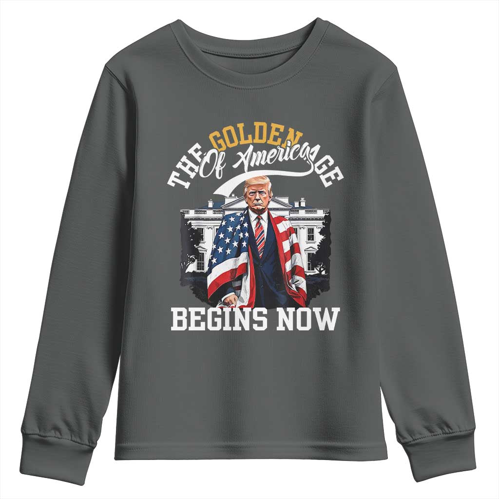 Trump 2025 Youth Sweatshirt The Golden Age Of America Begins Right Now 47th President TS02 Dark Heather Print Your Wear
