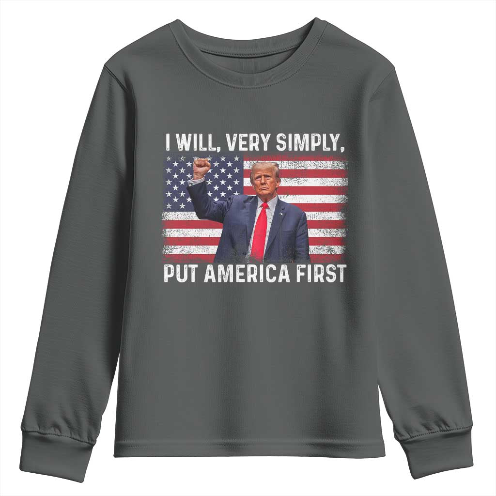 Trump 2025 Youth Sweatshirt The Golden Age Of America Begins Right Now American Flag TS02 Dark Heather Print Your Wear